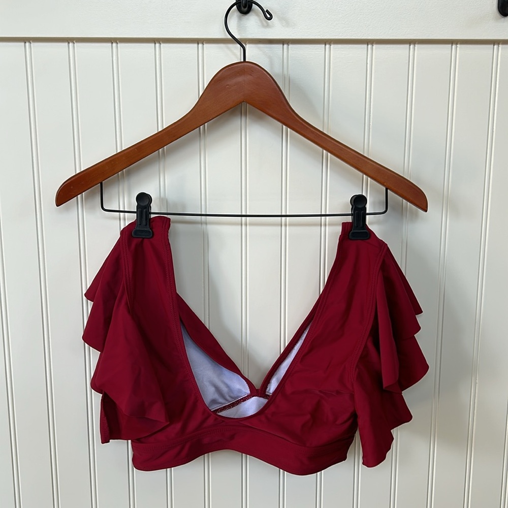 Swim suit two piece never worn color red high waisted bottoms ruffle top cute - Picture 3 of 14